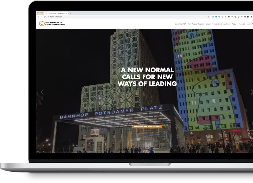 Screen mit Startseite der Website der Berlin School of Creative Leadership